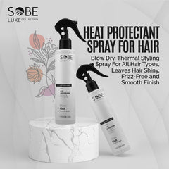 SOBE LUXE COLLECTION heat protectant spray application illustrates quick, even coverage for faster styling.