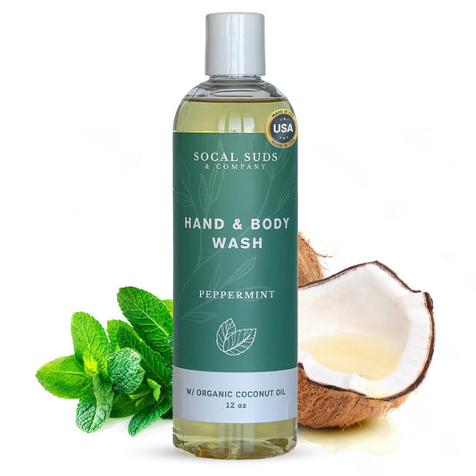 SoCal Suds & Company Organic Body Wash bottle front with peppermint scent for refreshment
