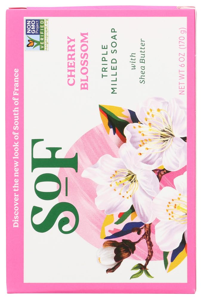 Fragrance swirls from natural oils to evoke cherry blossoms with SoF soap imagery.