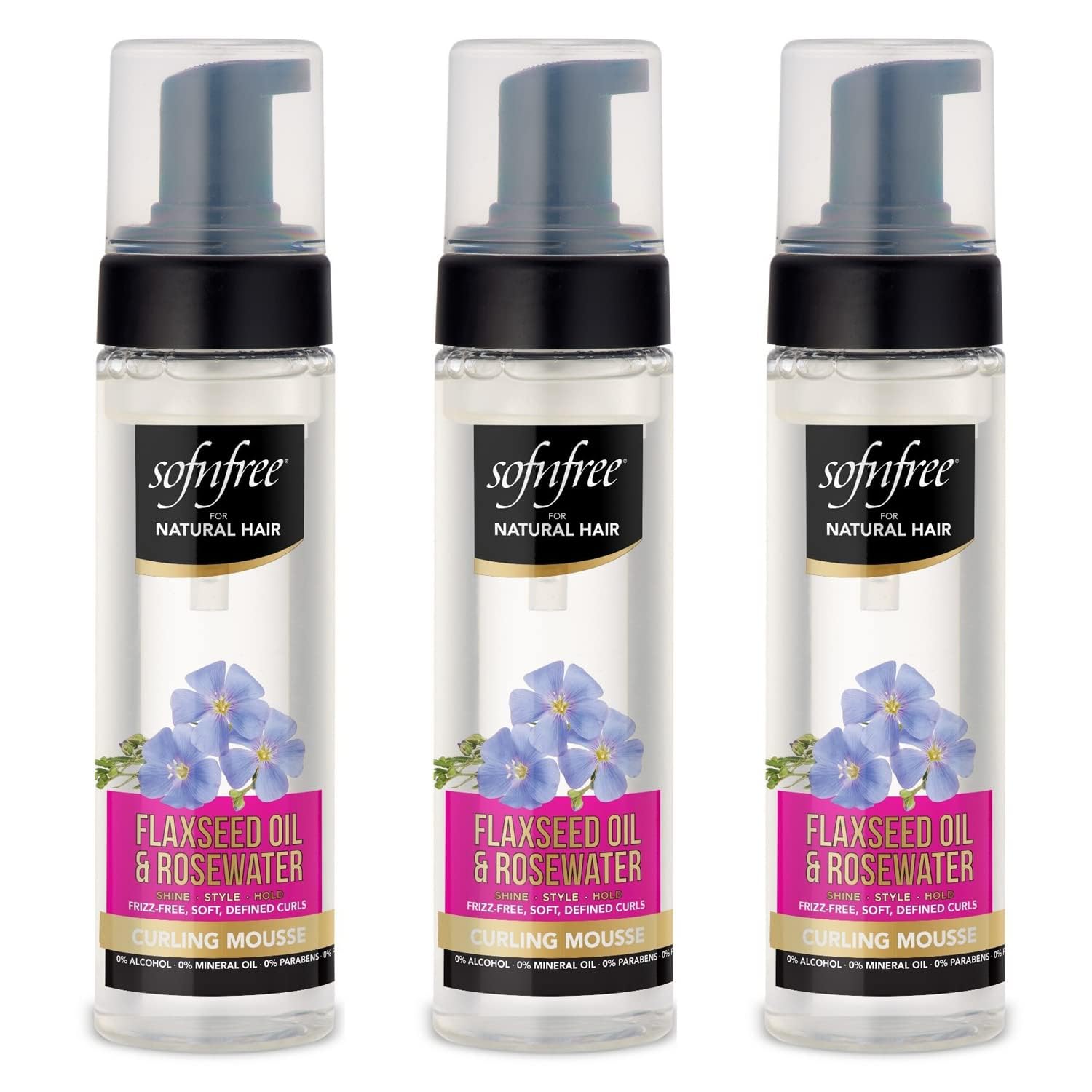 SOF N' FREE Curling Mousse bottle showing flaxseed for defined curls