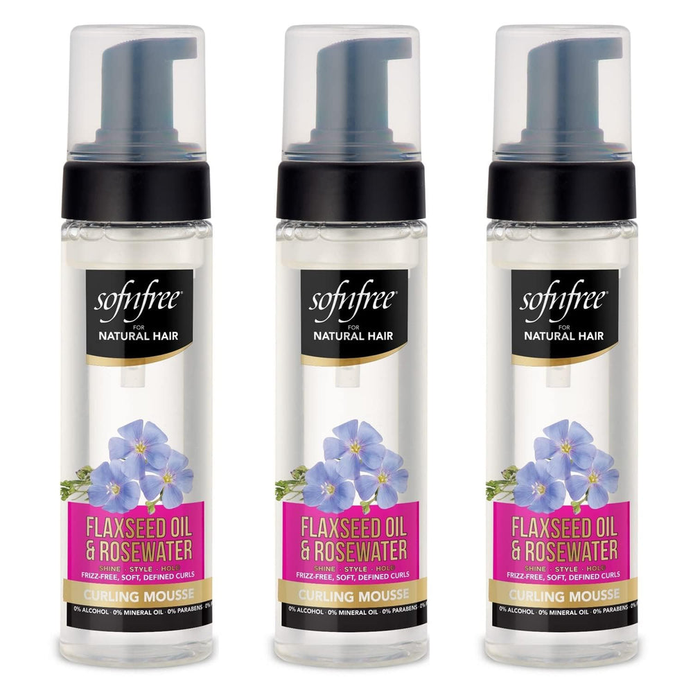 SOF N' FREE Curling Mousse bottle showing flaxseed for defined curls