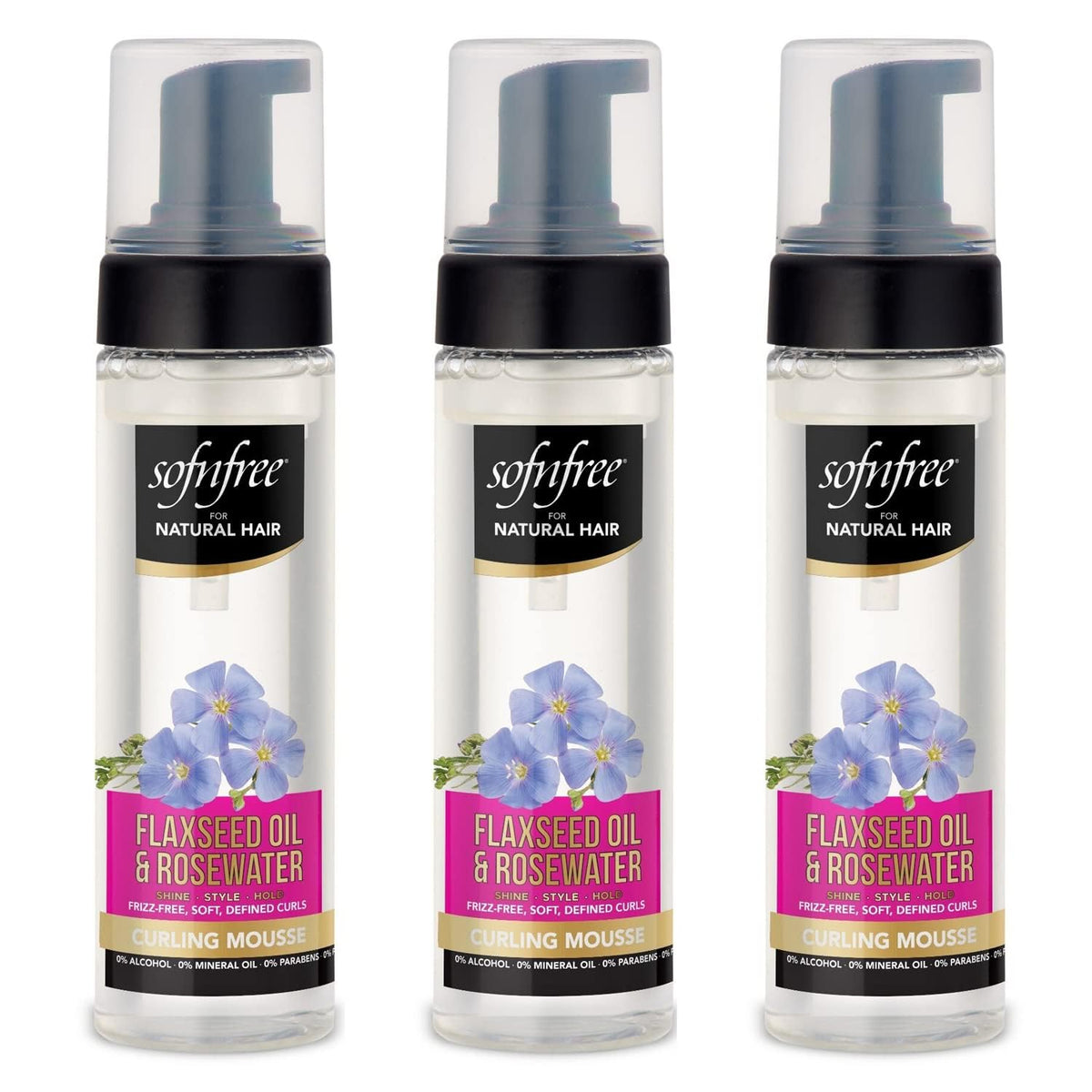 SOF N' FREE Curling Mousse bottle showing flaxseed for defined curls