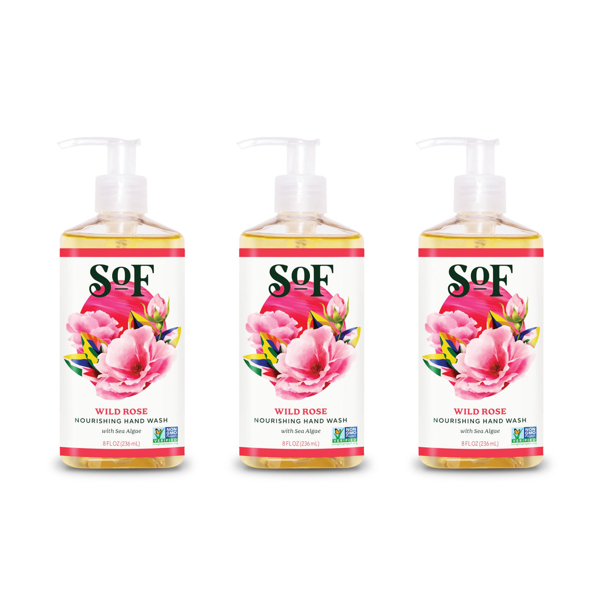 SoF Nourishing Hand Wash Wild Rose bottle pour shows smooth lather and refreshed hands