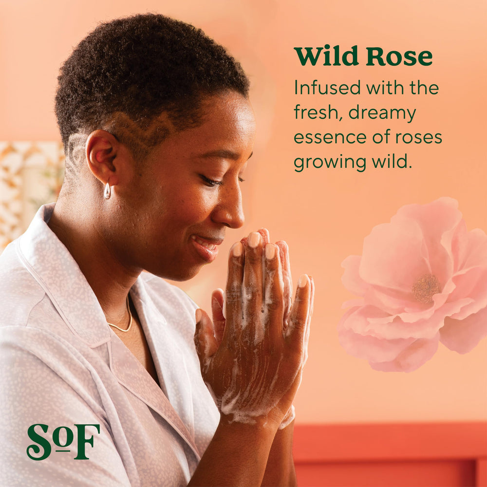 SoF Nourishing Hand Wash Wild Rose foam dispense demonstrates gentle cleansing for daily use