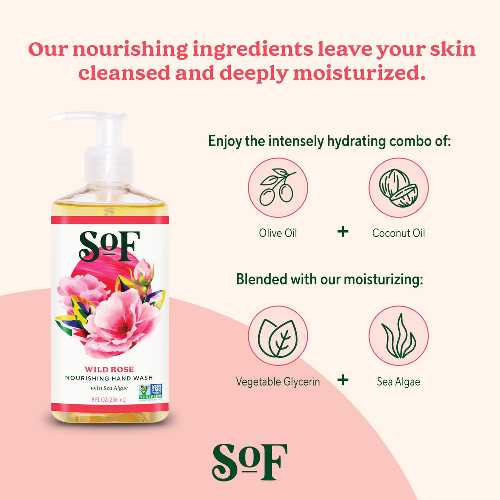 SoF Nourishing Hand Wash Wild Rose ingredients closeup features sea algae, coconut and olive oils