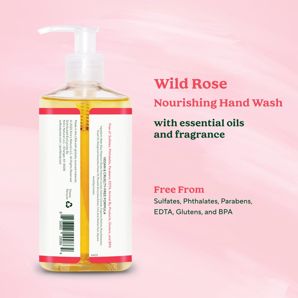 SoF Nourishing Hand Wash Wild Rose label closeup highlights sea algae and rose oils