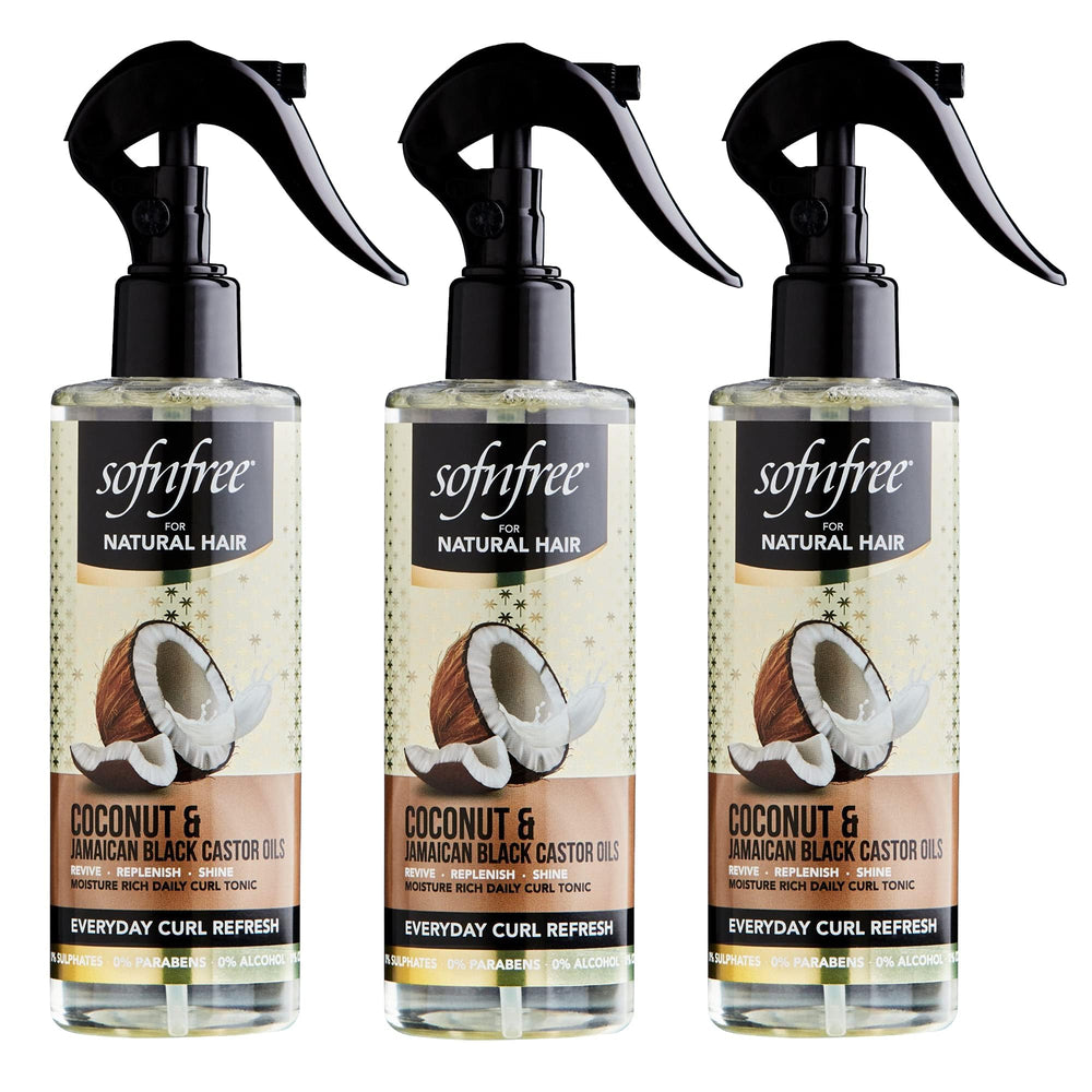 SOFNFREE coconut curl refresher spray bottle for easy styling and moisture.