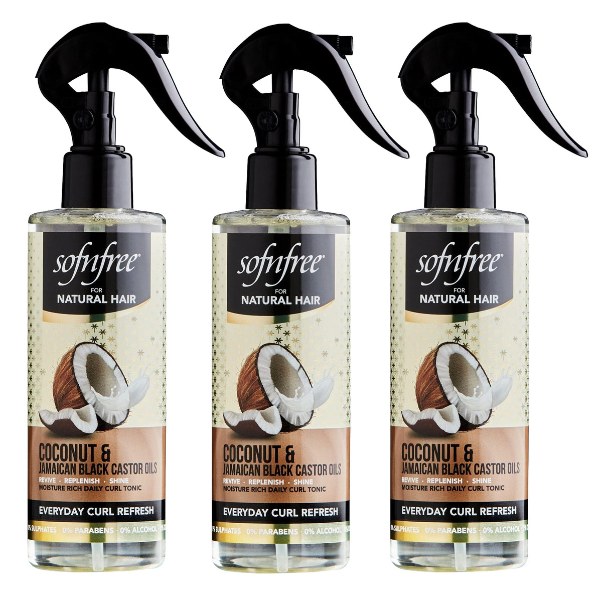 SOFNFREE coconut curl refresher spray bottle for easy styling and moisture.