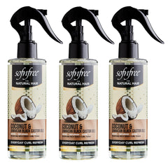 SOFNFREE coconut curl refresher spray bottle for easy styling and moisture.
