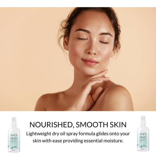 Soft Skin Jojoba Original Dry Oil Spray after-shower application demonstrating quick absorption.