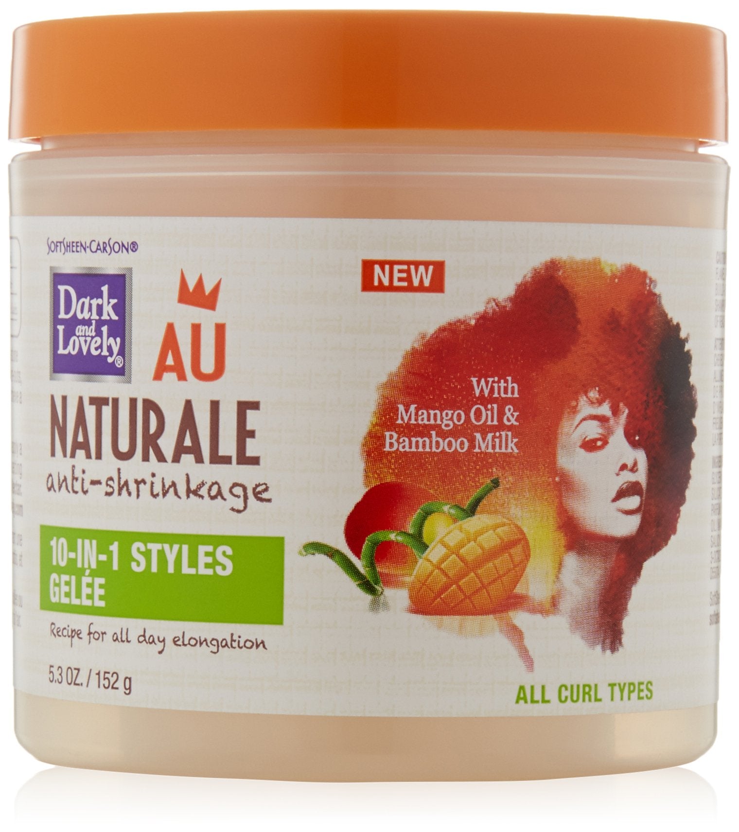 SoftSheen Dark and Lovely Gele jar offering 10-in-1 styles for long-lasting definition.