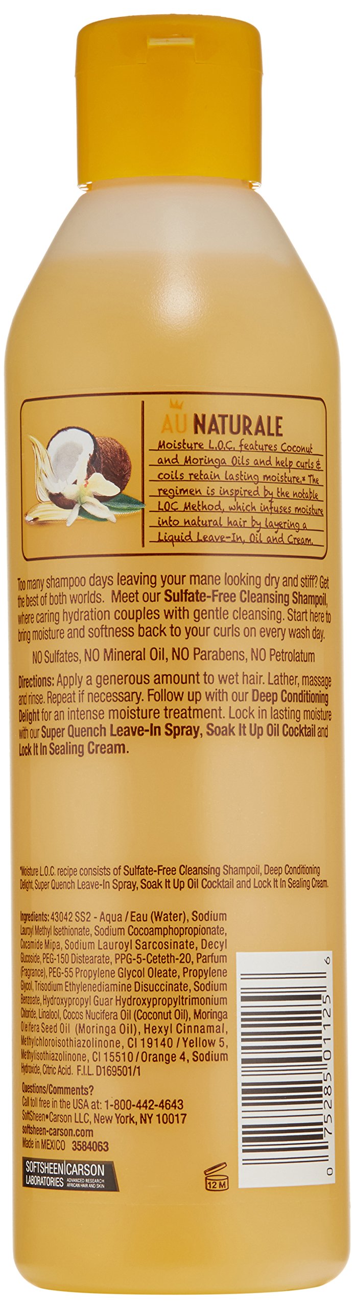 Coconut and moringa oils highlight nourishing formula of SoftSheen Au Naturale Shampoil.