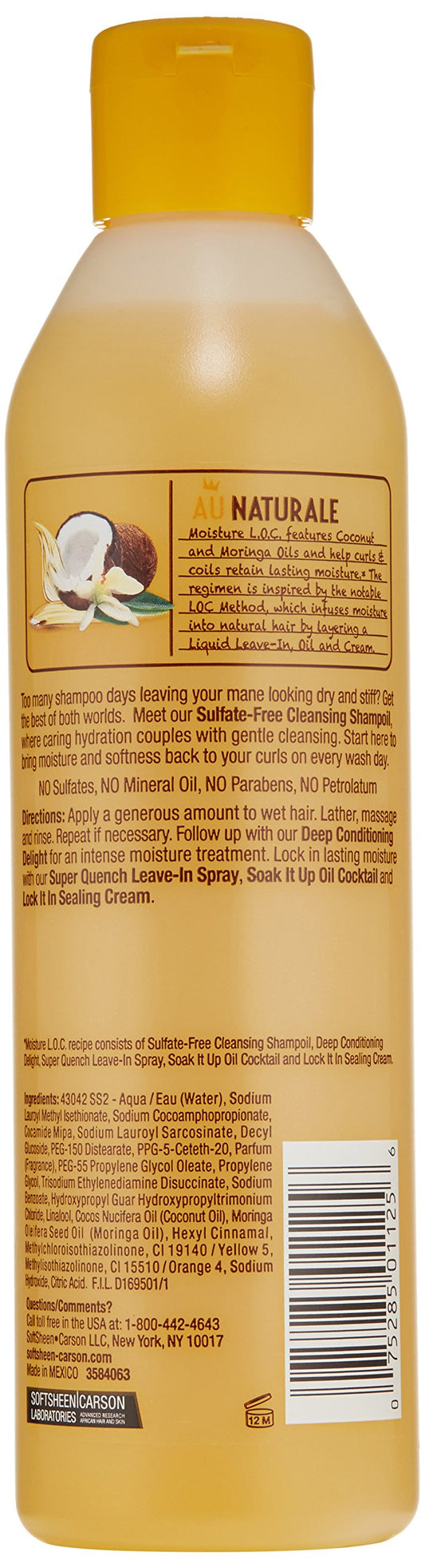Coconut and moringa oils highlight nourishing formula of SoftSheen Au Naturale Shampoil.