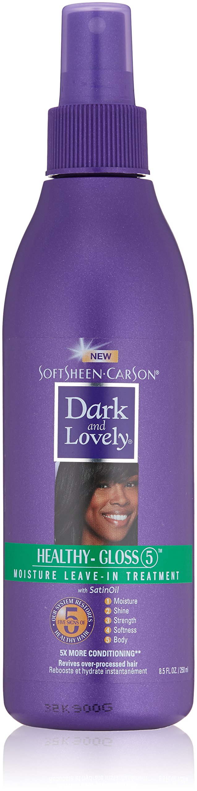 SoftSheen Dark and Lovely leave-in bottle close-up for smooth, manageable hair.