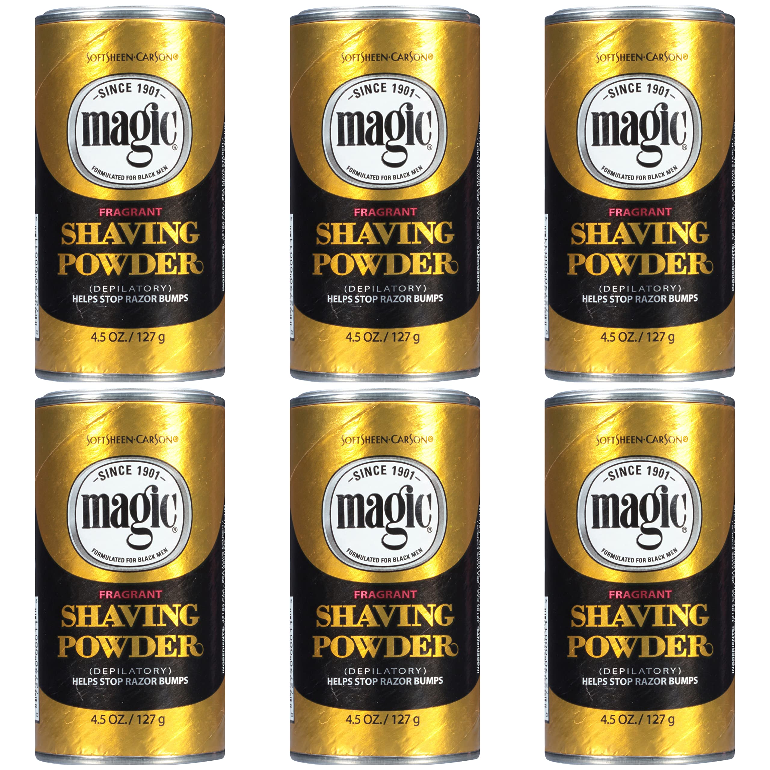 SoftSheen Magic Razorless Shaving Powder bottle demonstrates easy facial hair removal.