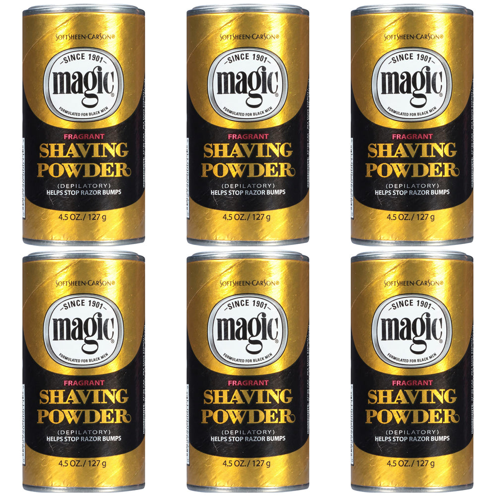 SoftSheen Magic Razorless Shaving Powder bottle demonstrates easy facial hair removal.