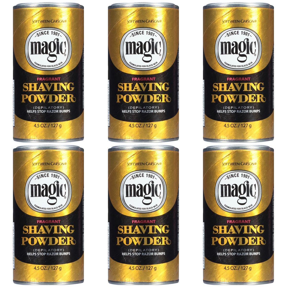 SoftSheen Magic Razorless Shaving Powder bottle demonstrates easy facial hair removal.