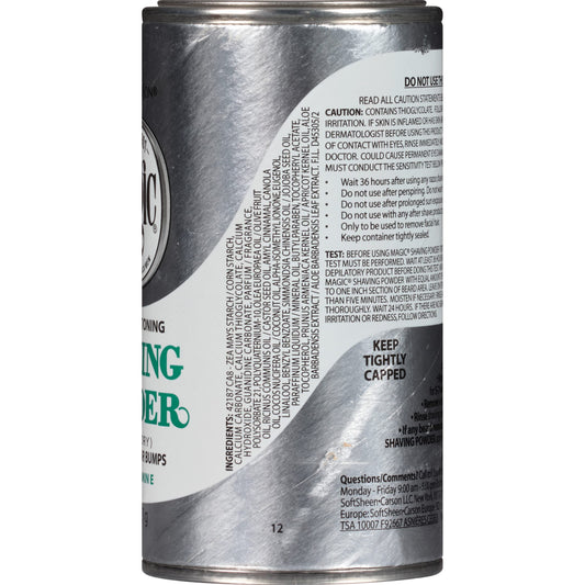 SoftSheen Magic Razorless Shaving Powder jar closeup with skin-conditioning formula for gentle facial use.