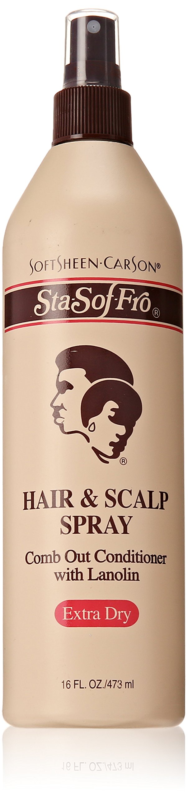 SoftSheen Sta-Sof-Fro bottle closeup showing spray-ready packaging for dry hair care.