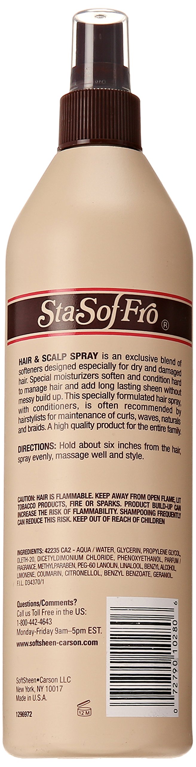 SoftSheen Sta-Sof-Fro spray action demonstrates even application.