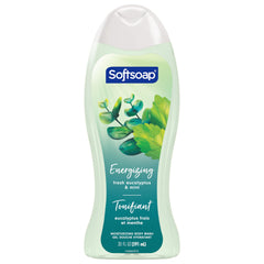 Softsoap label highlighting biodegradable cleaning ingredients icon.