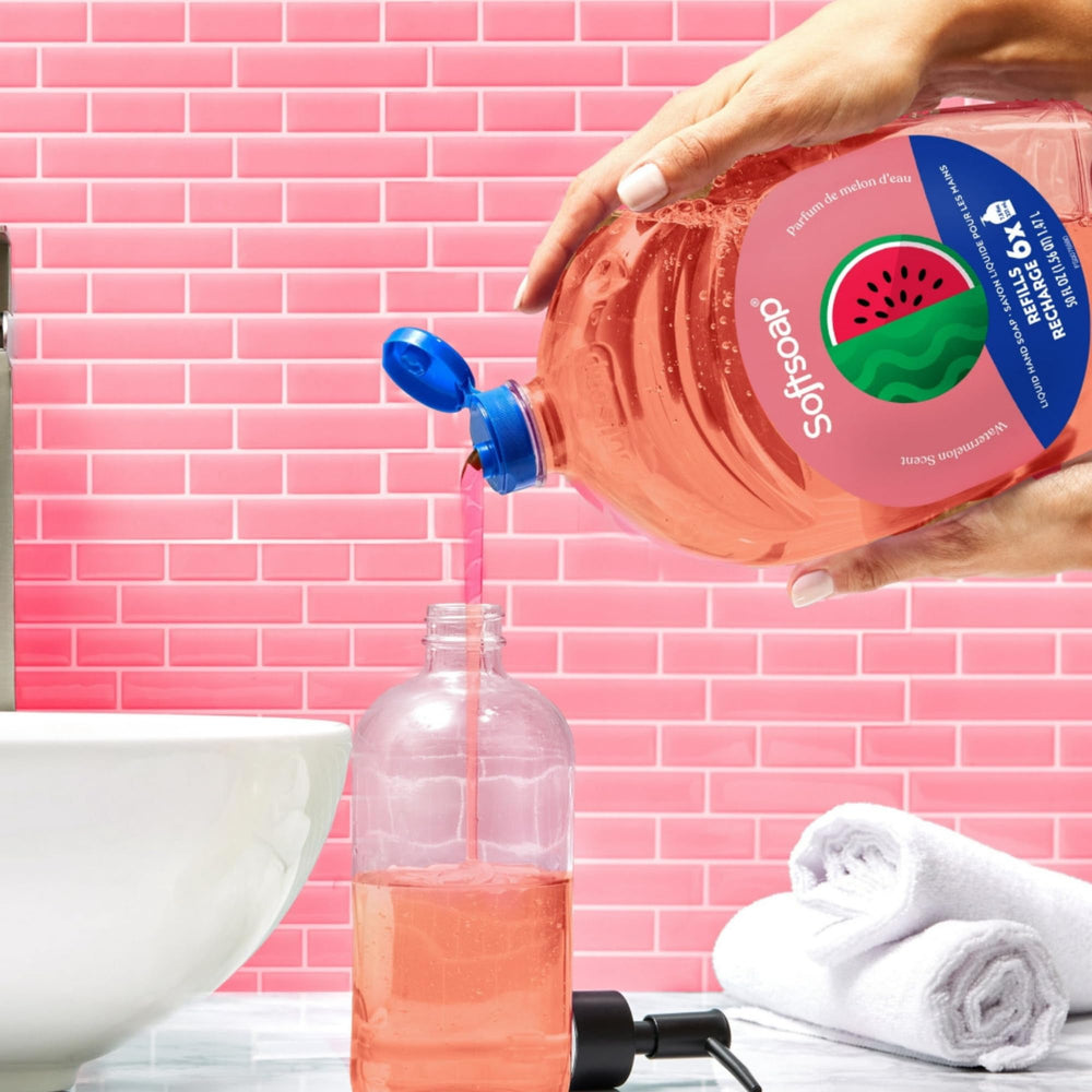 Softsoap brand logo close-up signals trusted quality for ongoing handwashing.