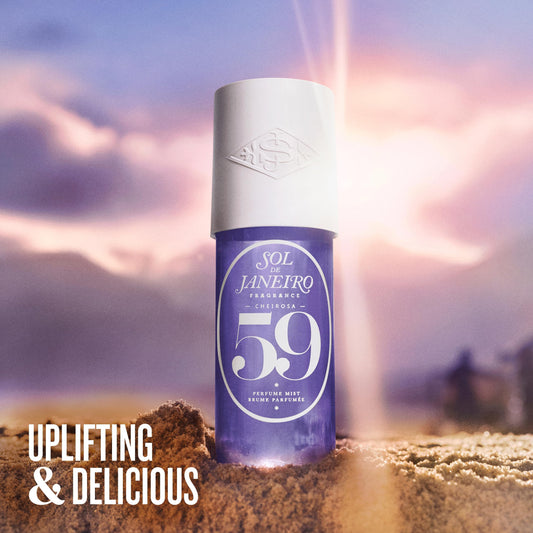 Sol de Janeiro Cheirosa 59 bottle close-up focusing on sugared violet note