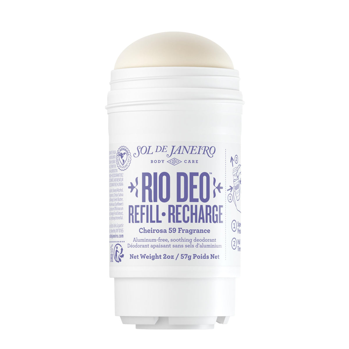 Sol de Janeiro Rio Deo Cheirosa 59 deodorant refill packaging highlights aluminum-free, clean design.