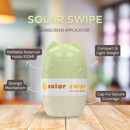 Solar Swipe cat-face refillable reservoir adds playful style while delivering sunscreen evenly.