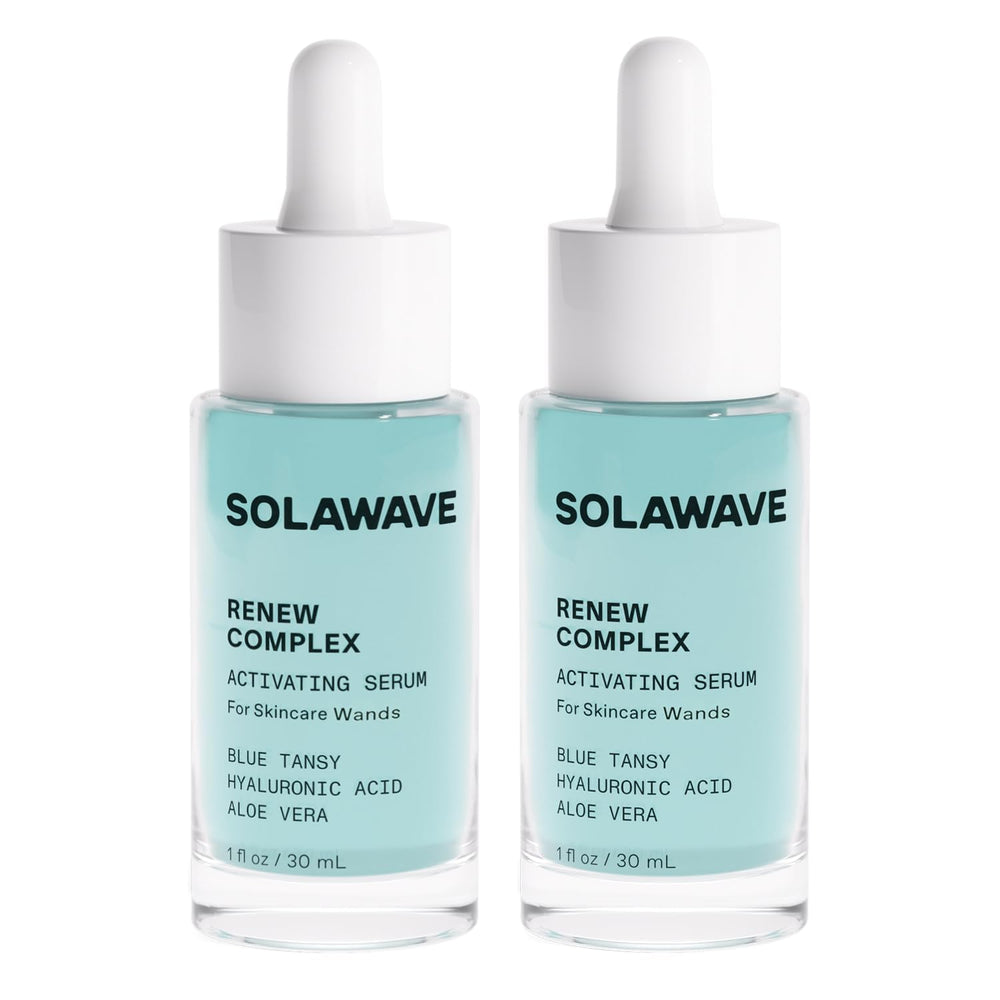 Solawave Renew Complex serum bottle ready for at-home facial sessions, hydrating skin.