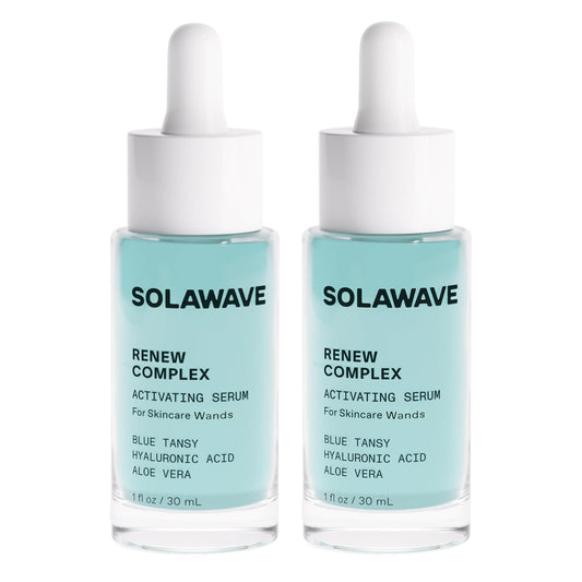 Solawave Renew Complex serum bottle ready for at-home facial sessions, hydrating skin.
