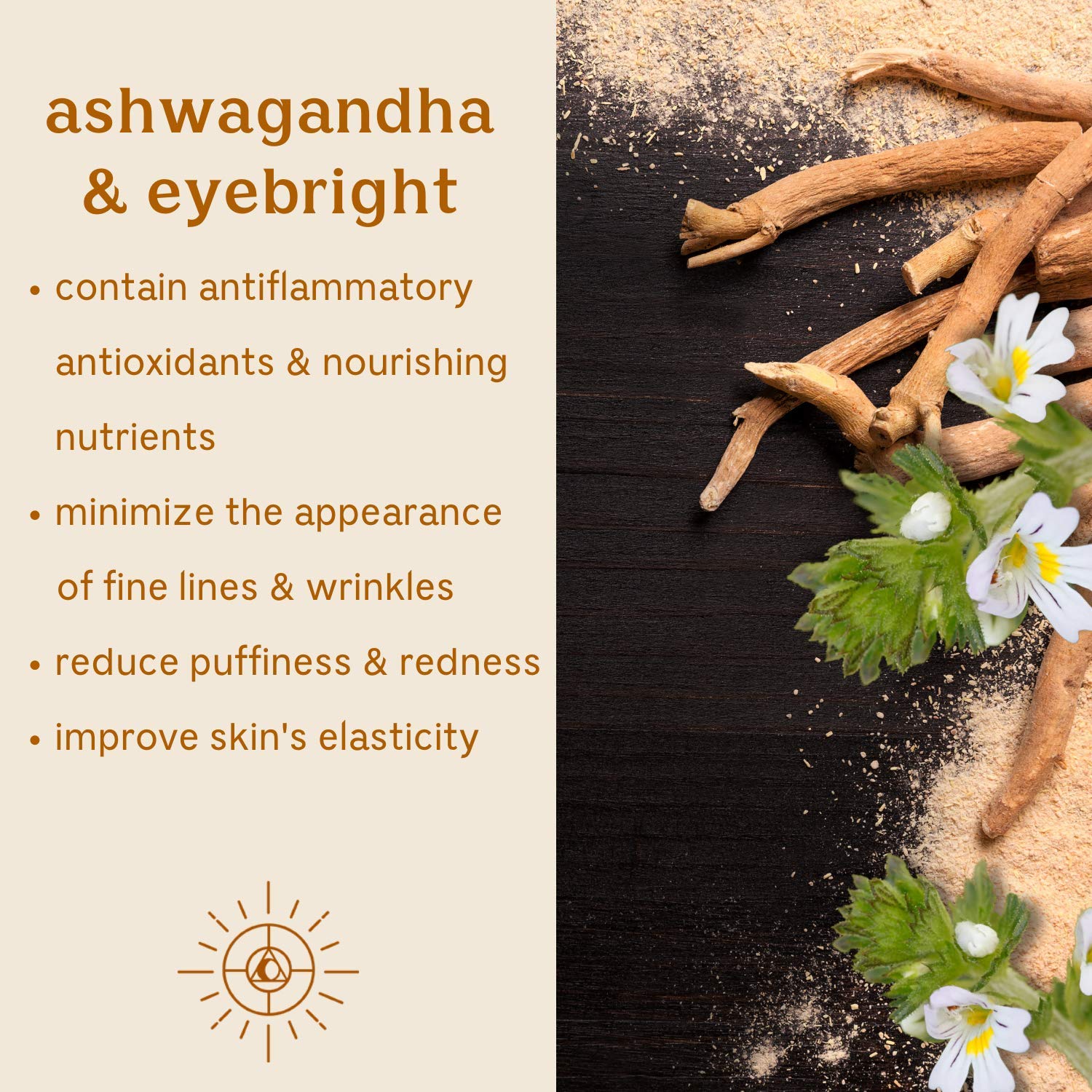 Solluna eye cream ingredients chart spotlighting Ashwagandha and Calendula.