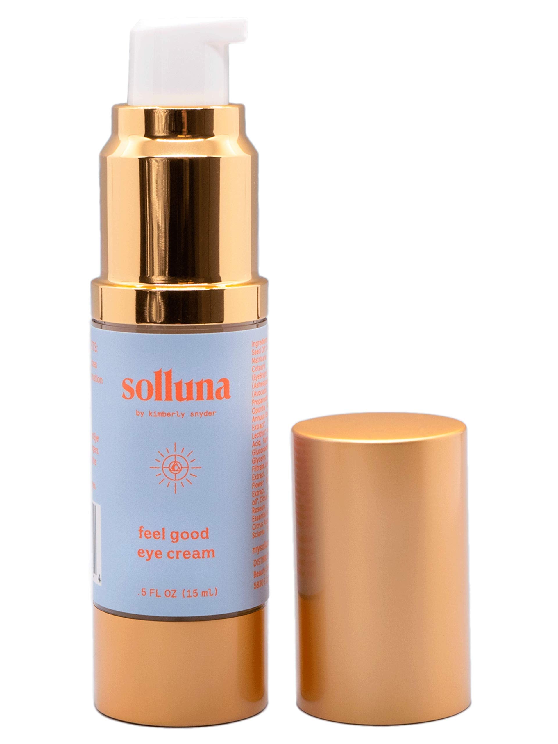 Solluna anti-aging eye cream packaging highlights plant-based formula.