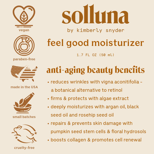 Solluna Hydrating Anti-Aging Moisturizer cream texture reveals smooth, non-greasy spread.