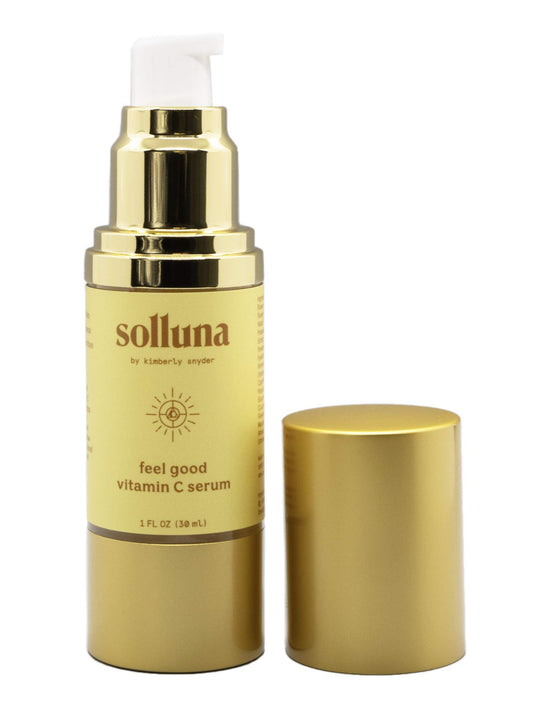 Solluna Vitamin C Serum bottle shows brightening and firming potential.