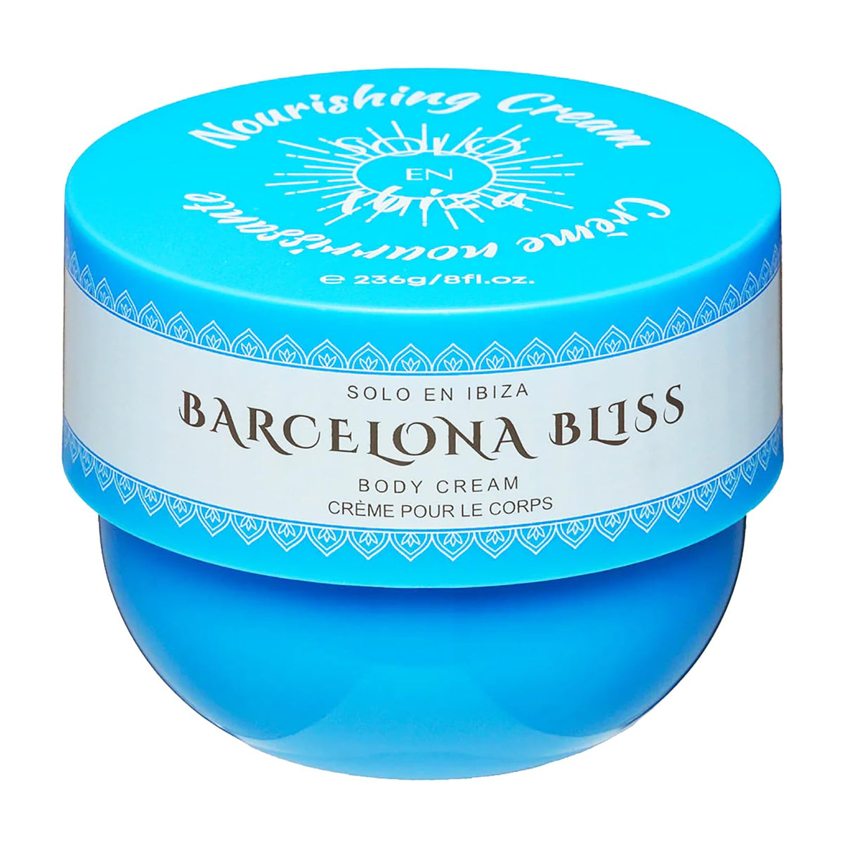 Solo en Ibiza Barcelona Bliss Body Cream in blue packaging for deep hydration without greasiness