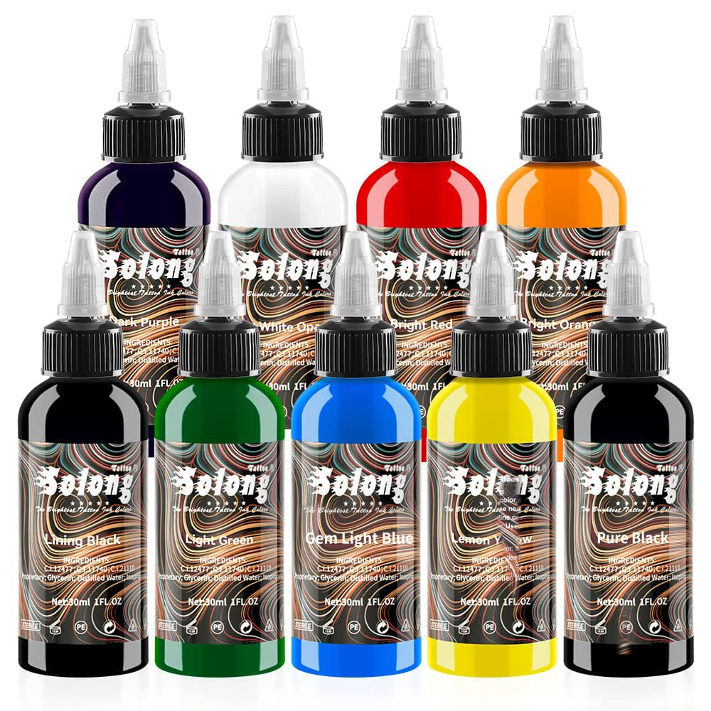 Solong Tattoo 9-color ink set showcasing vibrant color options for lasting designs.