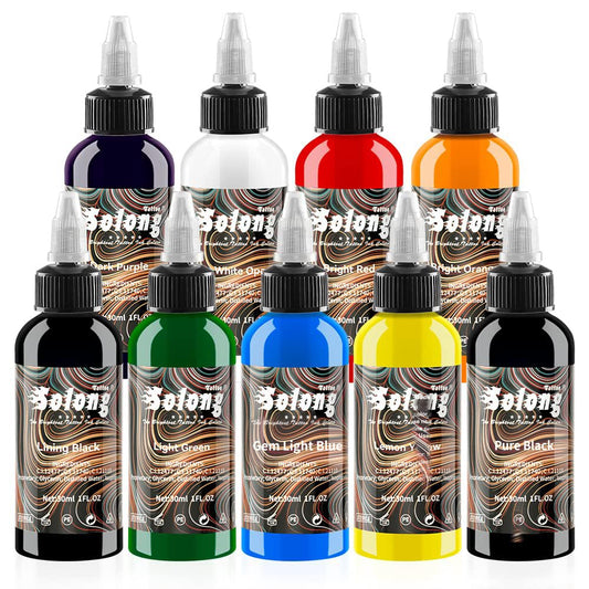 Solong Tattoo 9-color ink set showcasing vibrant color options for lasting designs.