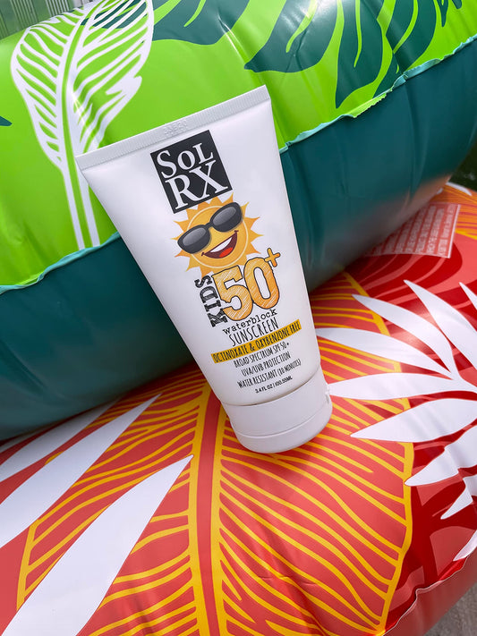 SolRX KID'S SPORT sunscreen bottle close-up demonstrates easy glide and non-oily feel.