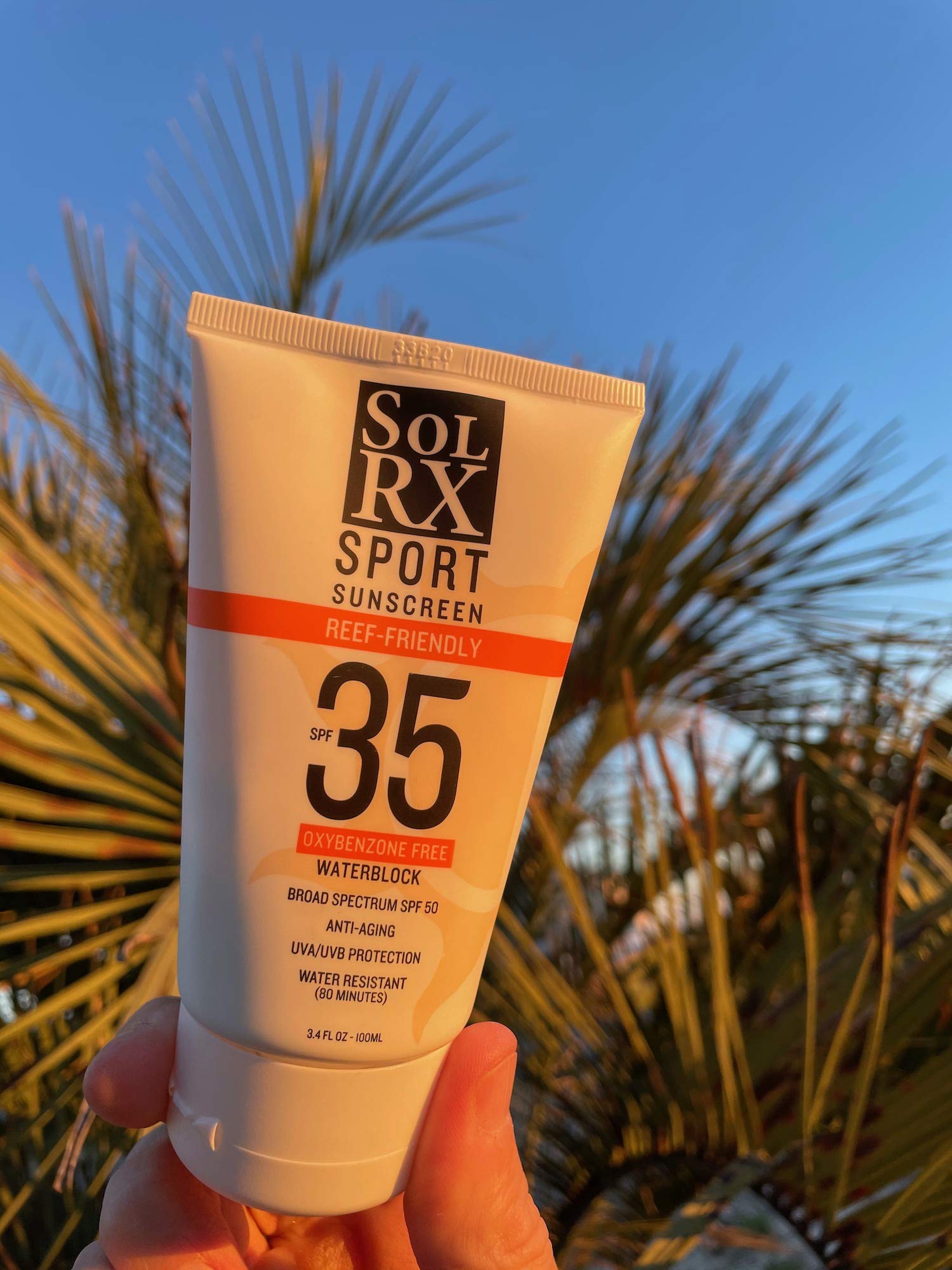 Reef-friendly logo on SolRX SPORT SPF 35 packaging
