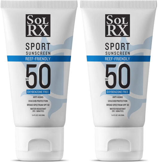 SolRX SPORT SPF50 sunscreen bottle front view for all-day sun protection during activity