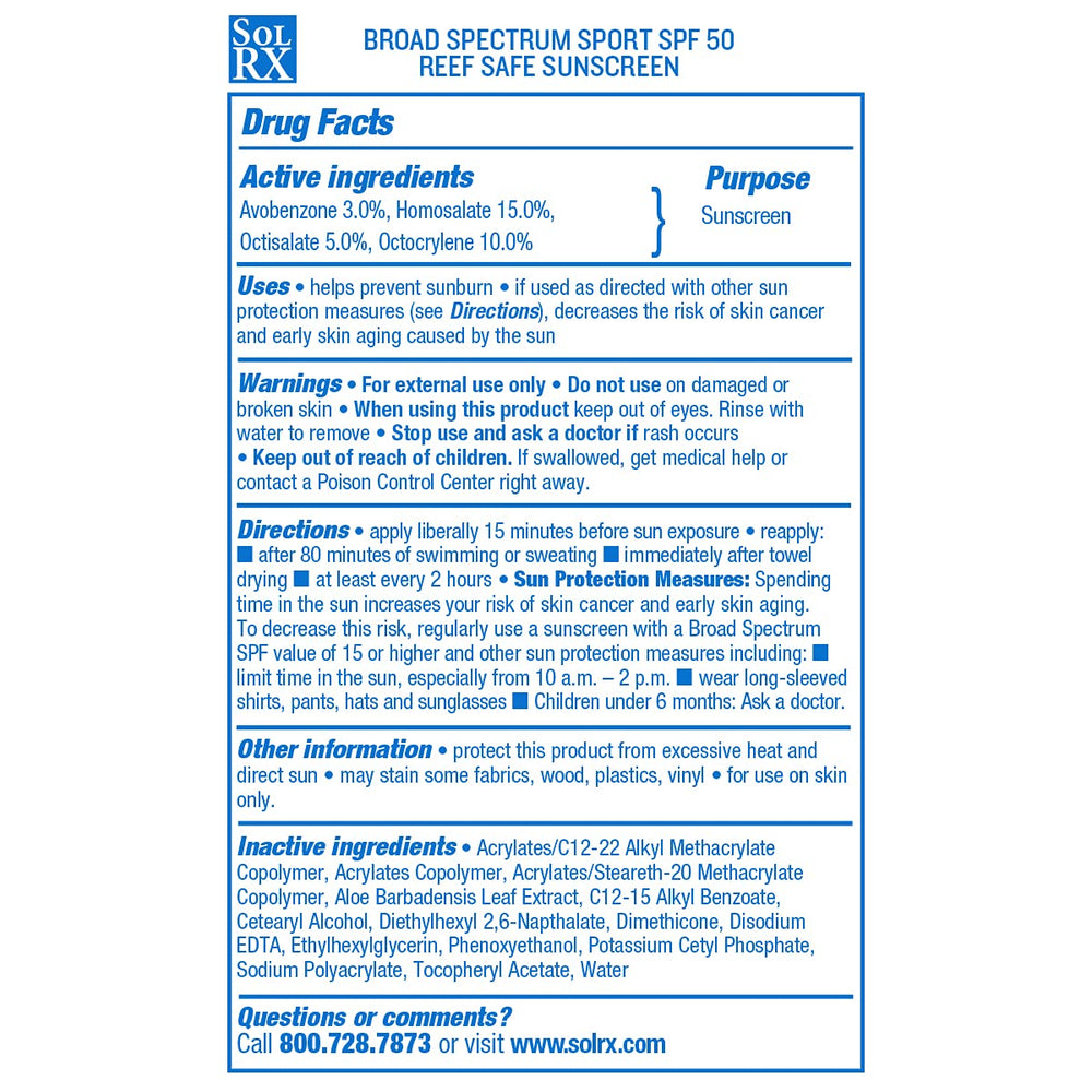 SolRX SPORT SPF50 USA-made stamp emphasizes quality and American manufacturing