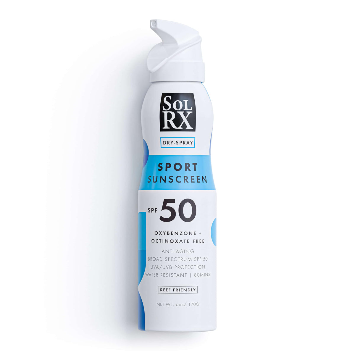 SolRX Sport Spray SPF 50 with 360-degree nozzle for easy outdoor coverage.