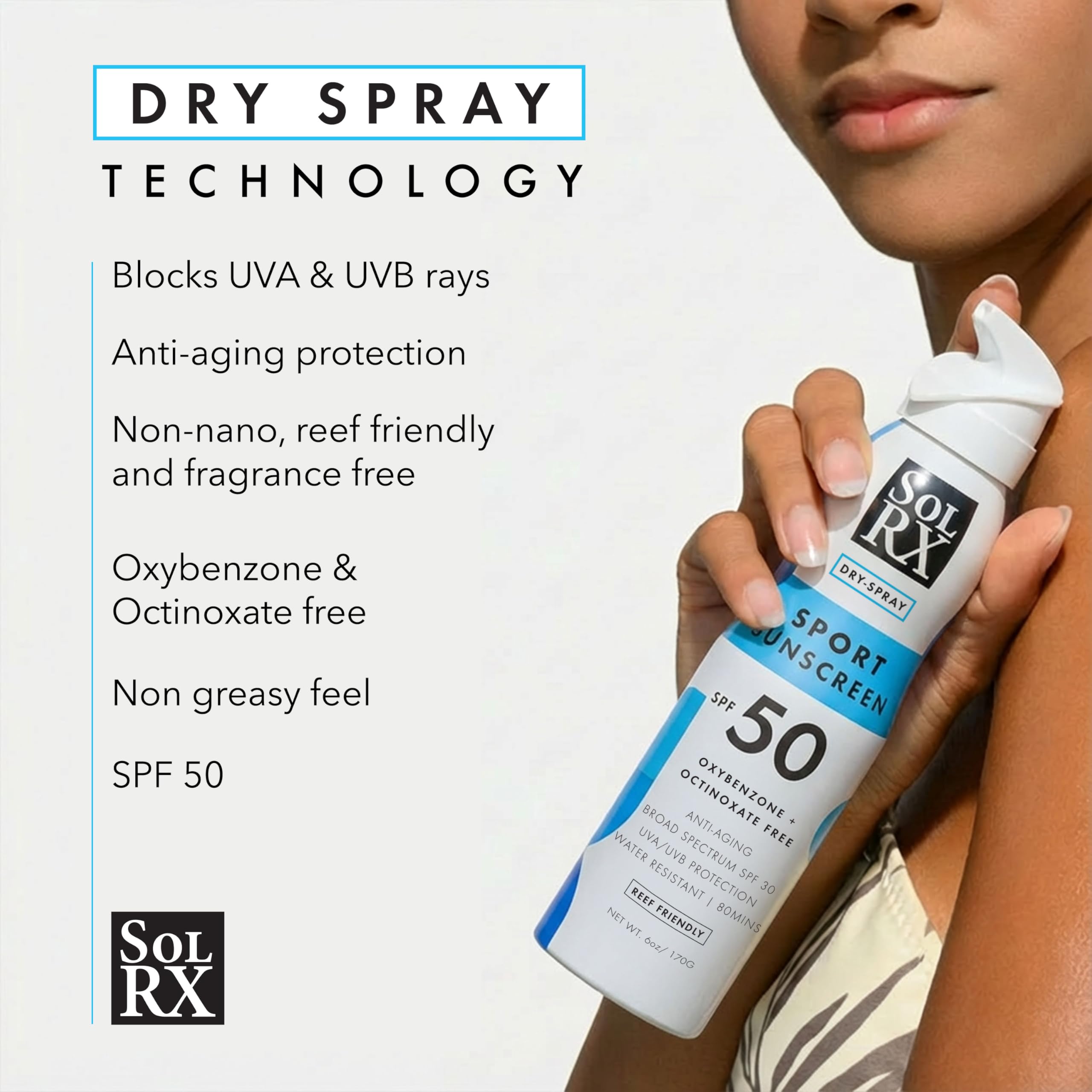 SolRX SPF 50 on skin; dermatologist-recommended, fragrance-free formula.