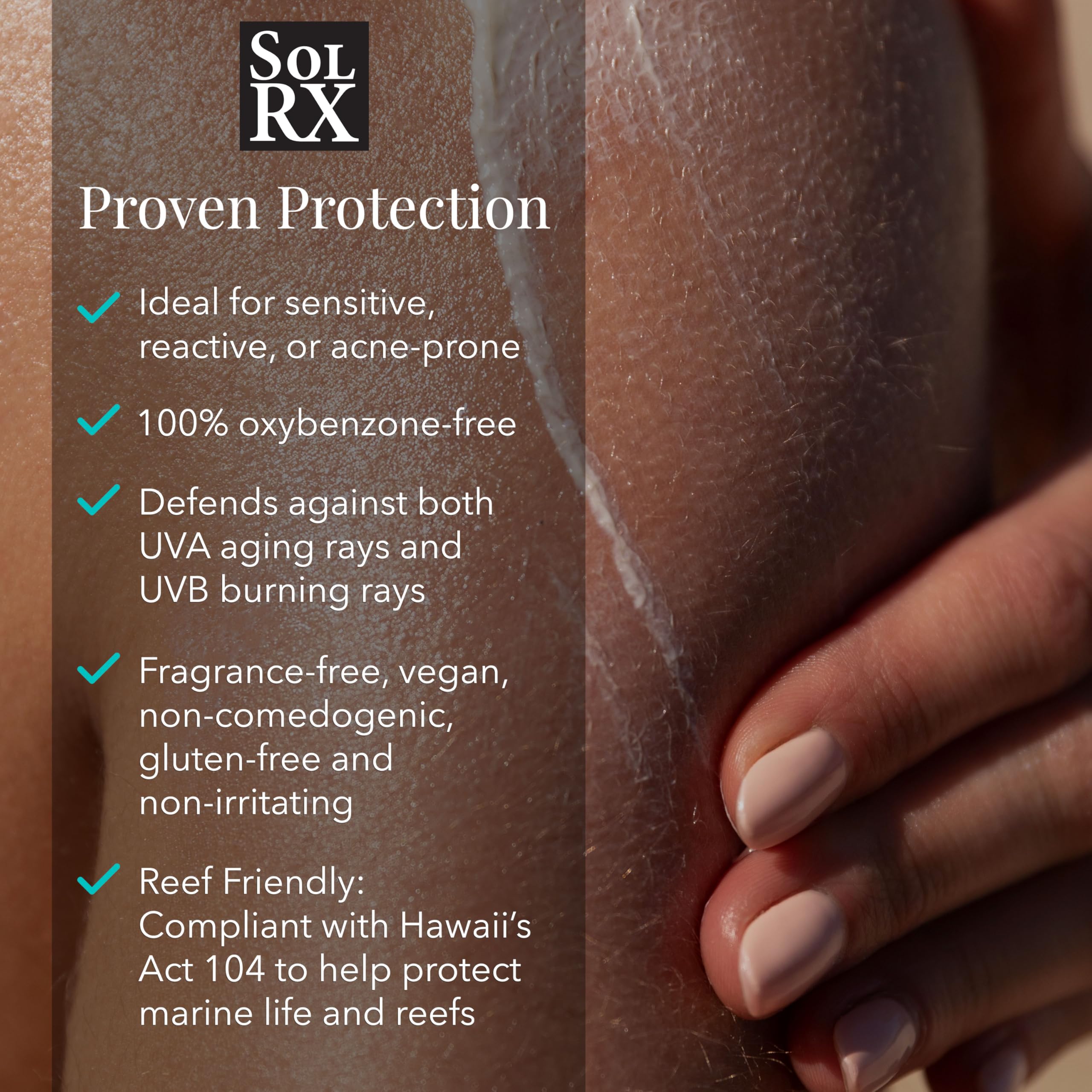 SolRX SPF 50 spray shown as reef-friendly and oxybenzone-free for marine-safe use.