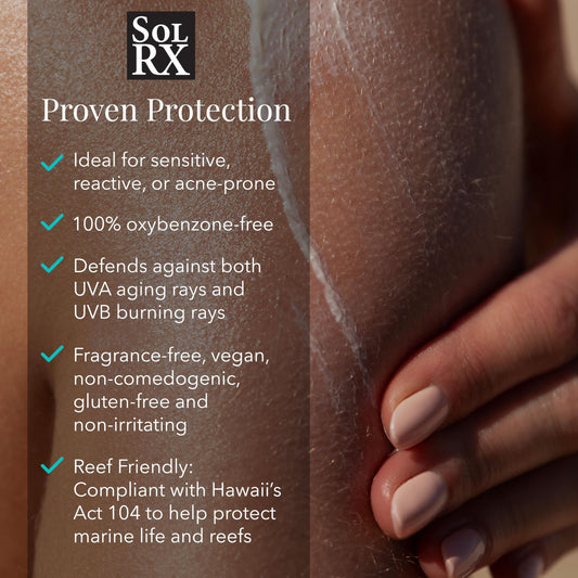 SolRX SPF 50 spray shown as reef-friendly and oxybenzone-free for marine-safe use.