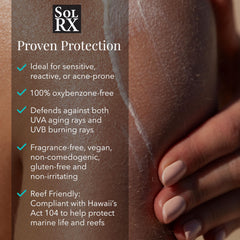 SolRX SPF 50 spray shown as reef-friendly and oxybenzone-free for marine-safe use.
