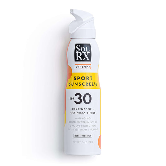 SolRX Sport Sunscreen SPF 30 with 360-degree nozzle for easy outdoor coverage.