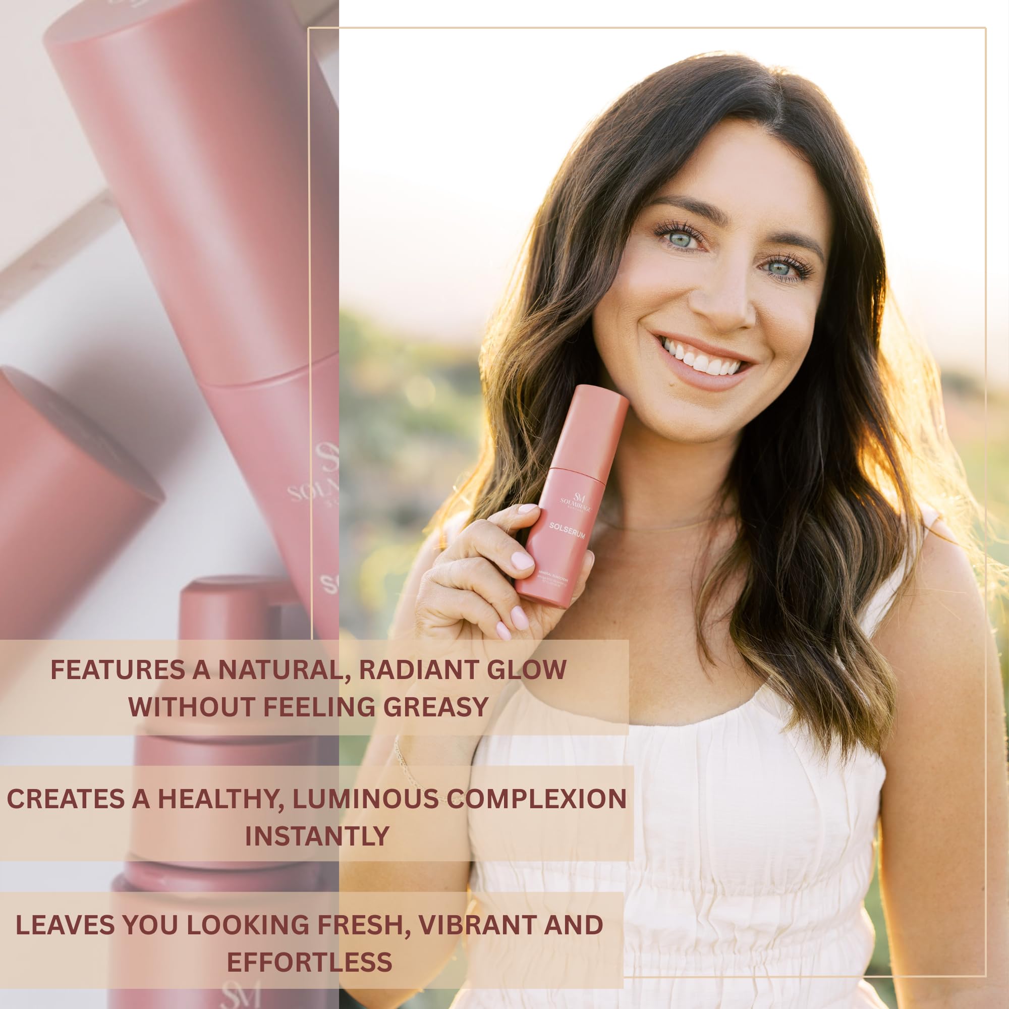Solserum with Niacinamide and antioxidants supports hydrated skin.