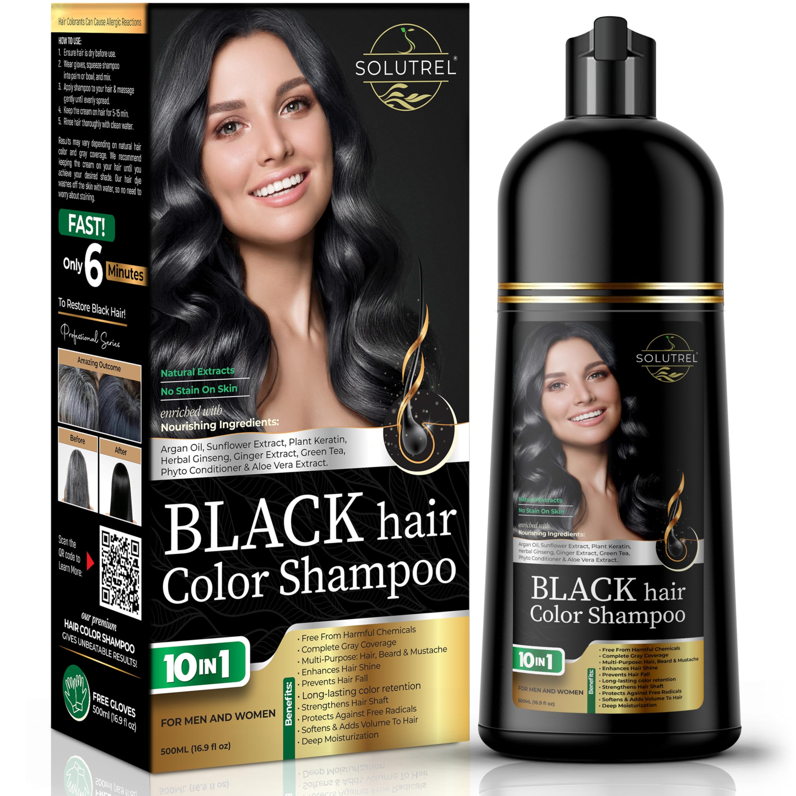 Solutrel Black Hair Dye Shampoo bottle ready for quick gray coverage